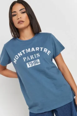 T-Shirts>PIXIEGIRL Petite Blue Acid Wash Slogan T-Shirt