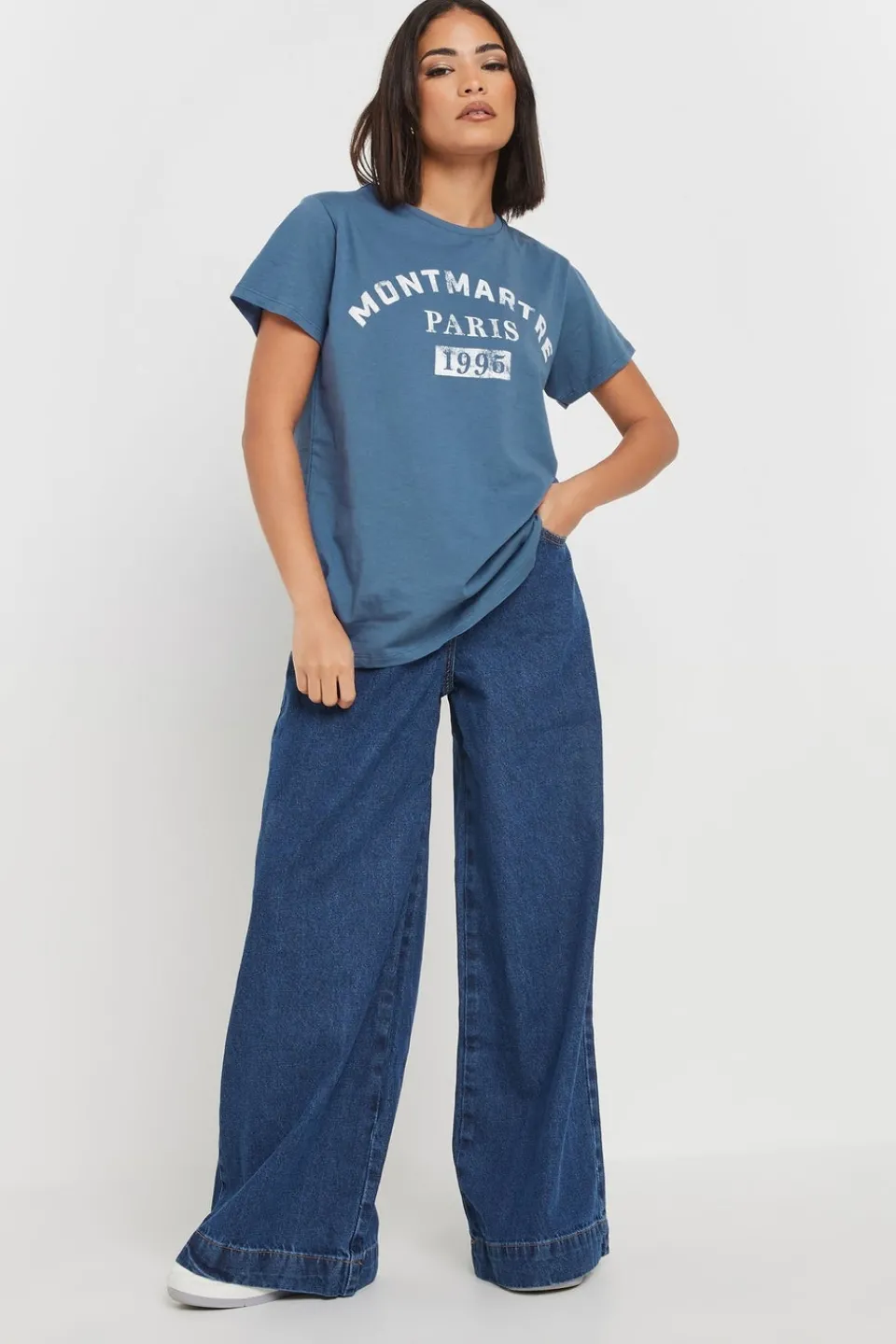 T-Shirts>PIXIEGIRL Petite Blue Acid Wash Slogan T-Shirt