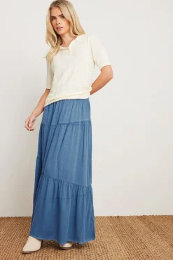 Skirts>PIXIEGIRL Petite Asymmetric Tiered Maxi Skirt Blue