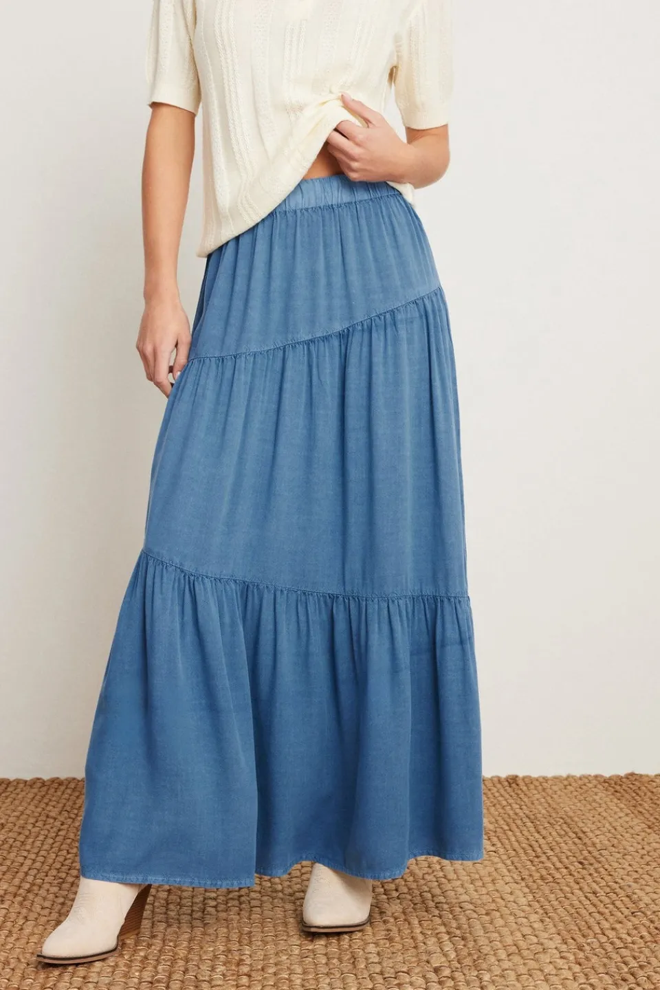 Skirts>PIXIEGIRL Petite Asymmetric Tiered Maxi Skirt Blue