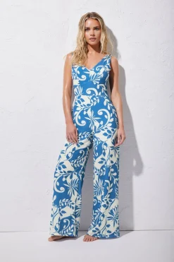 Jumpsuits & Playsuits>PIXIEGIRL Petite Blue Leaf Print Wide Leg Jumpsuit