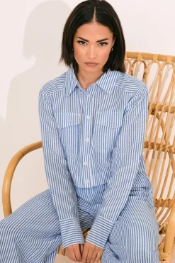 Tops>PIXIEGIRL Petite Blue Linen Striped Pocket Shirt