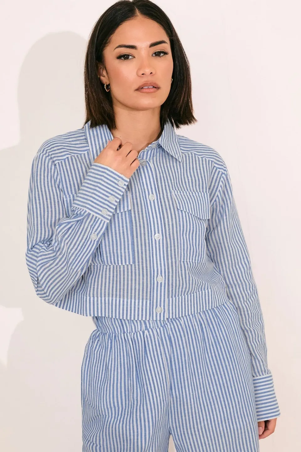Tops>PIXIEGIRL Petite Blue Linen Striped Pocket Shirt