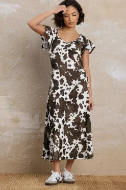 Dresses>PIXIEGIRL Petite Brown Cow Print Flutter Sleeve Dress