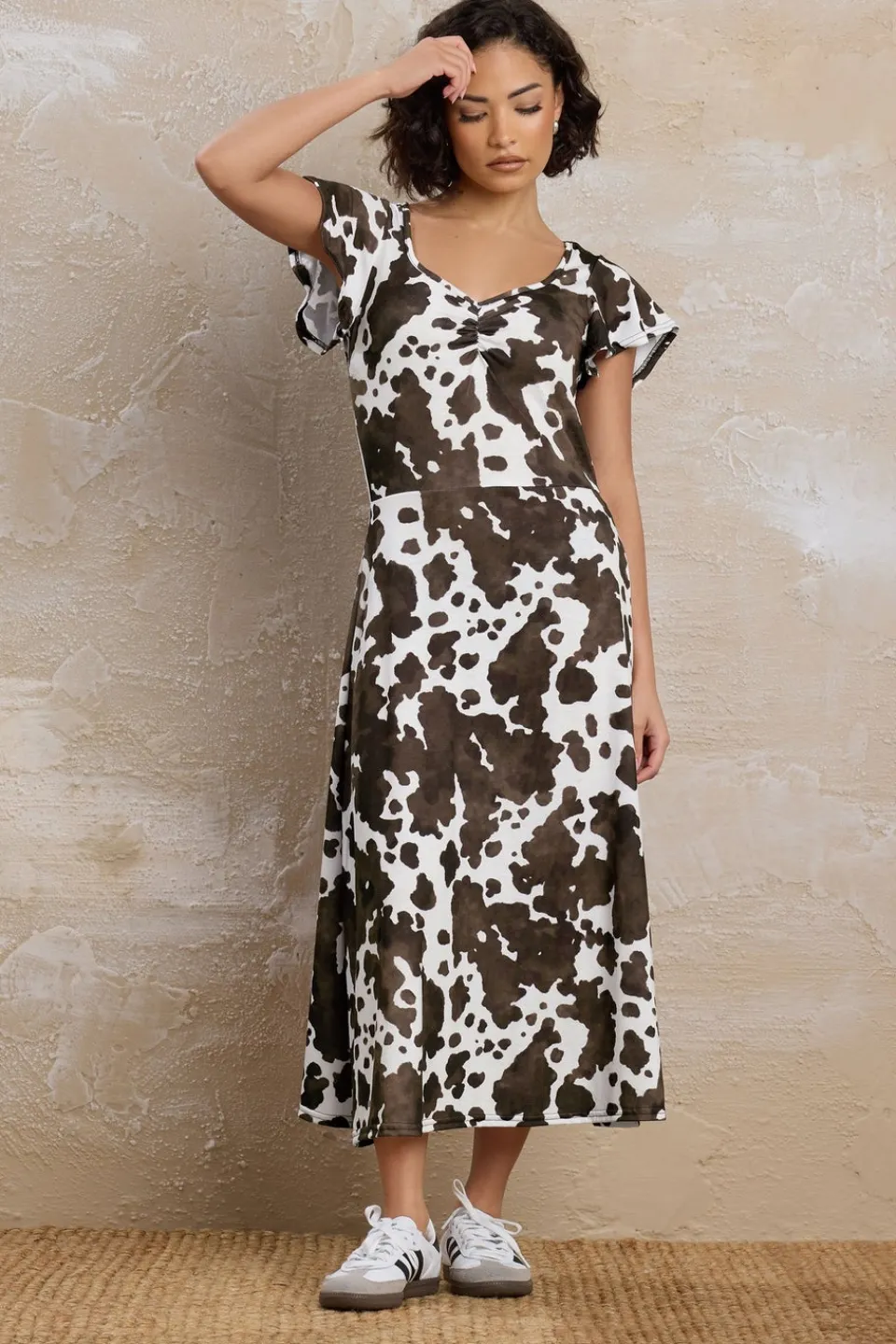 Dresses>PIXIEGIRL Petite Brown Cow Print Flutter Sleeve Dress
