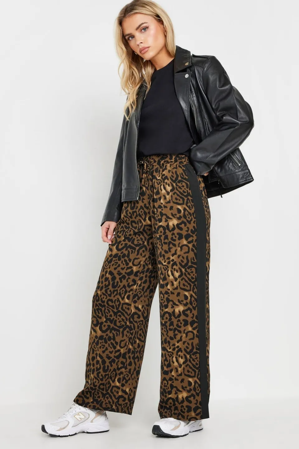 Trousers>PIXIEGIRL Petite Brown Leopard Print Striped Wide Leg Trousers