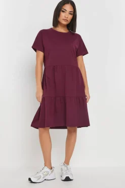 Dresses>PIXIEGIRL Petite Burgundy Red Tiered Smock Dress