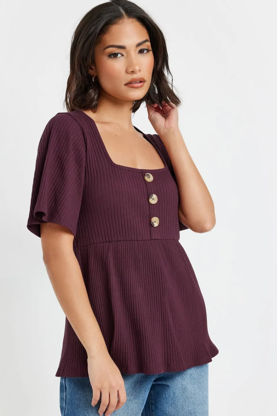 T-Shirts>PIXIEGIRL Petite Burgundy Red Ribbed Smock Top