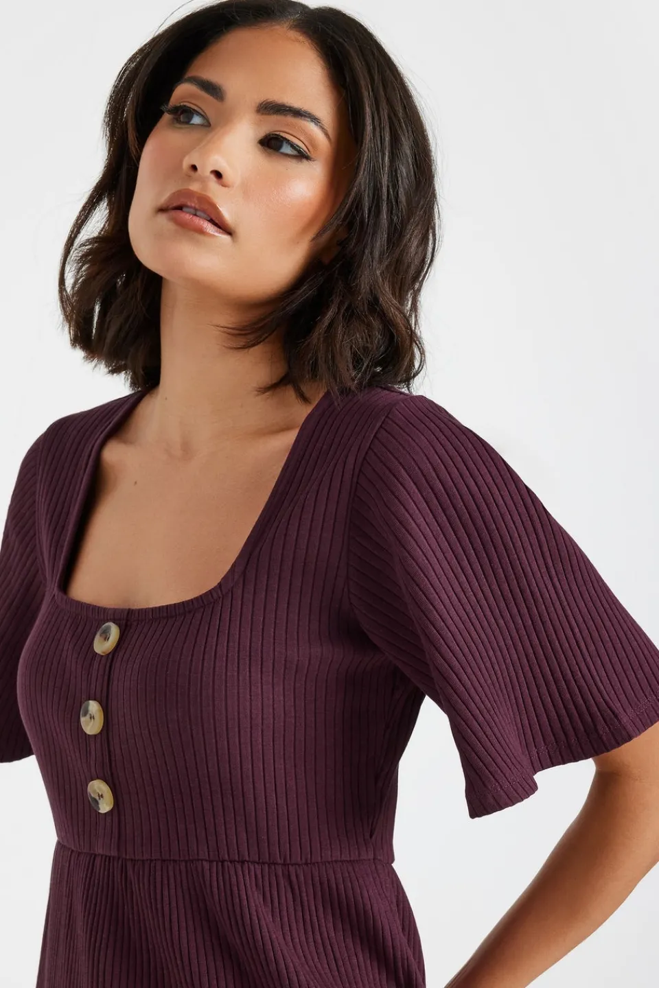 T-Shirts>PIXIEGIRL Petite Burgundy Red Ribbed Smock Top