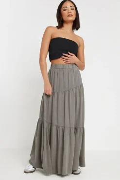 Skirts>PIXIEGIRL Petite Charcoal Grey Asymmetric Tiered Maxi Skirt CharcoalGrey