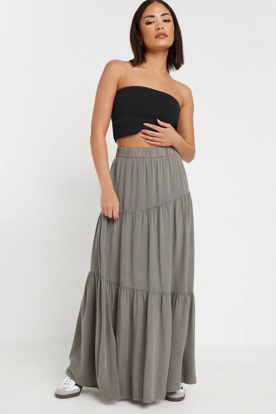 Skirts>PIXIEGIRL Petite Charcoal Grey Asymmetric Tiered Maxi Skirt CharcoalGrey