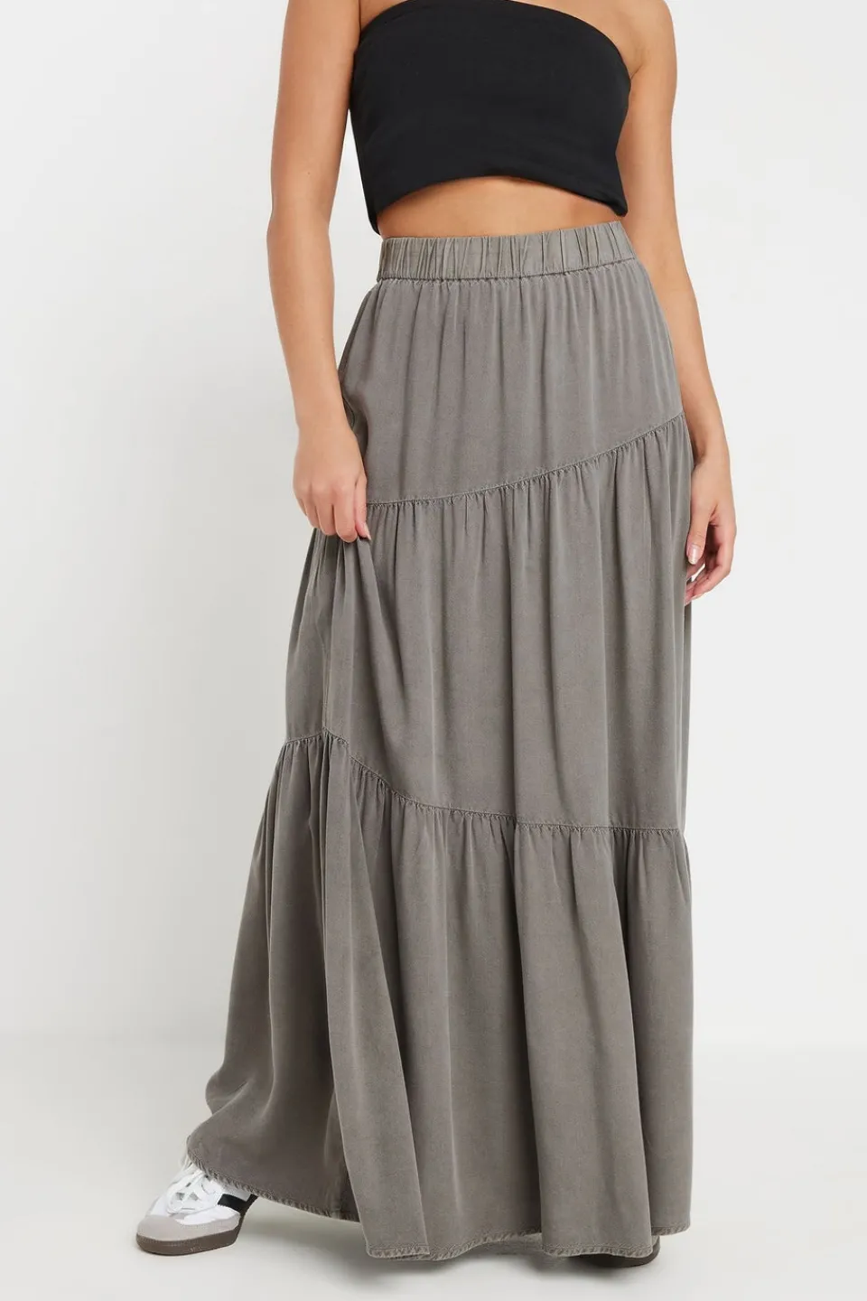 Skirts>PIXIEGIRL Petite Charcoal Grey Asymmetric Tiered Maxi Skirt CharcoalGrey