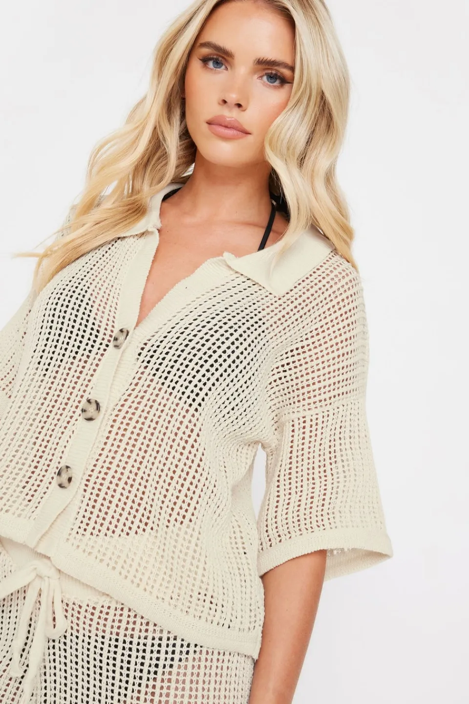 Tops>PIXIEGIRL Petite Cream Crochet Short Sleeve Shirt