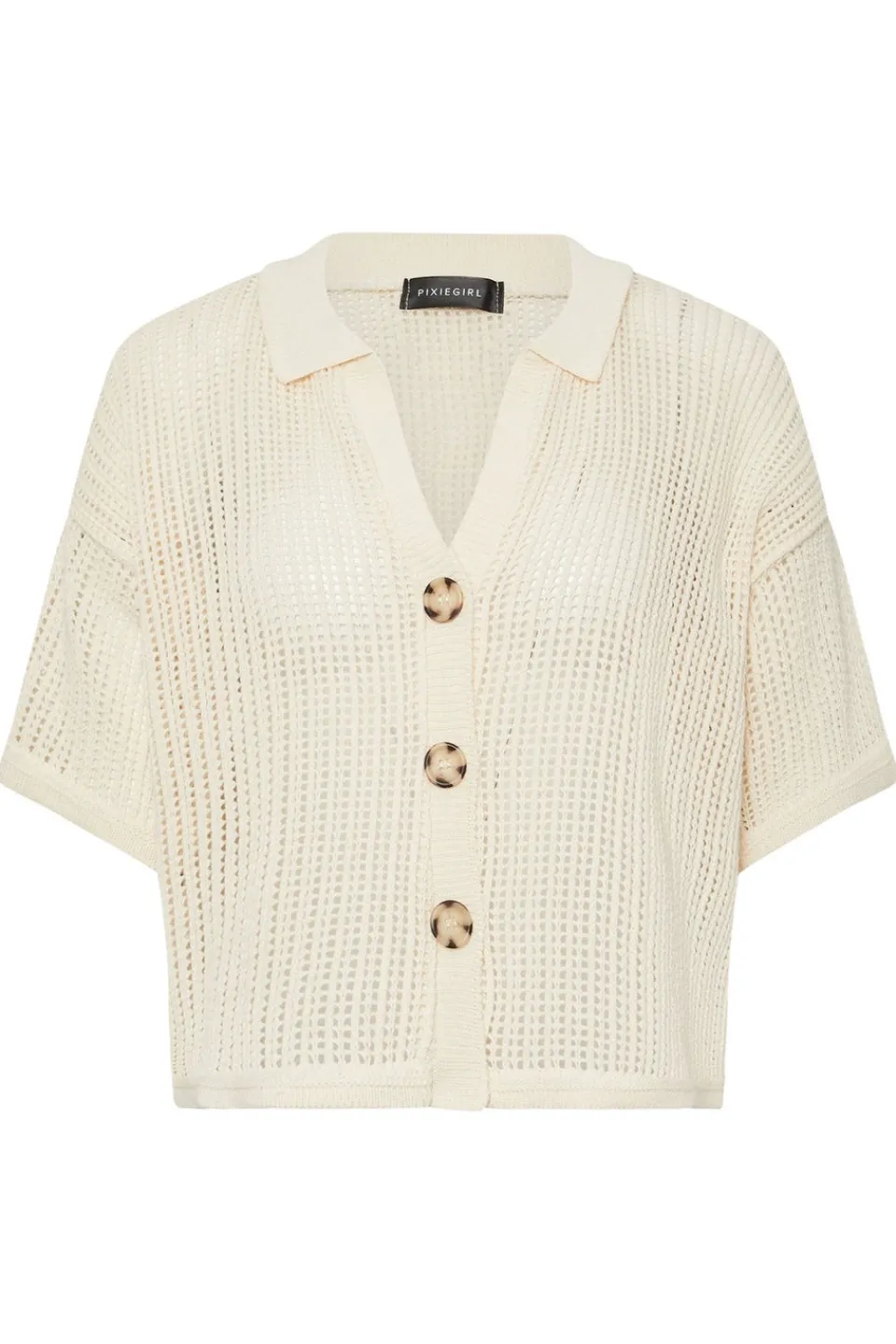 Tops>PIXIEGIRL Petite Cream Crochet Short Sleeve Shirt