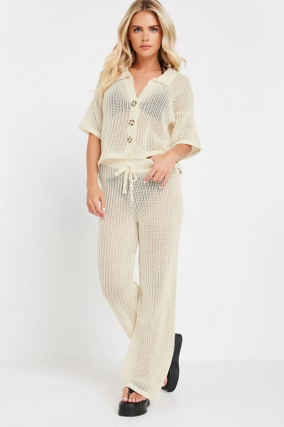 Tops>PIXIEGIRL Petite Cream Crochet Short Sleeve Shirt