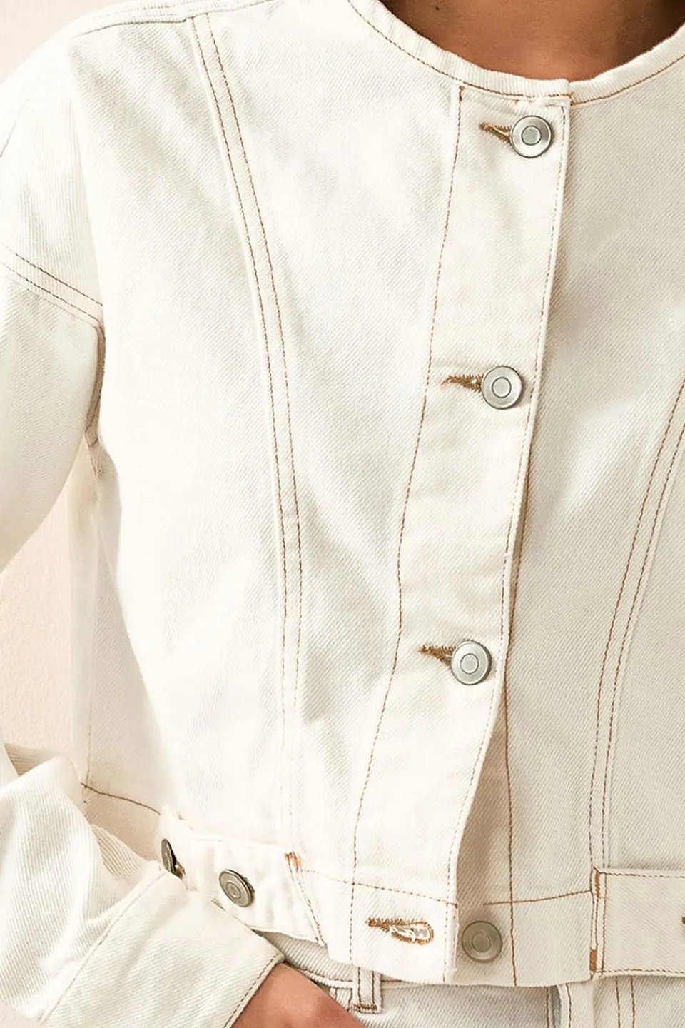 Coats & Jackets>PIXIEGIRL Petite Cream Denim Contrast Stitch Collarless Jacket
