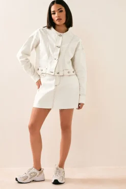 Skirts>PIXIEGIRL Petite Cream Denim Contrast Stitch Mini Skirt