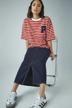 Skirts>PIXIEGIRL Petite Dark Blue Pocket Patch Denim Skirt