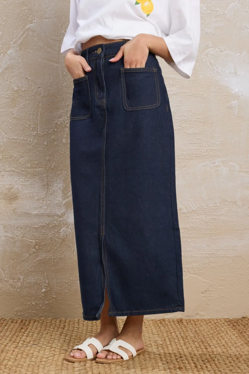 Skirts>PIXIEGIRL Petite Dark Blue Pocket Patch Denim Skirt