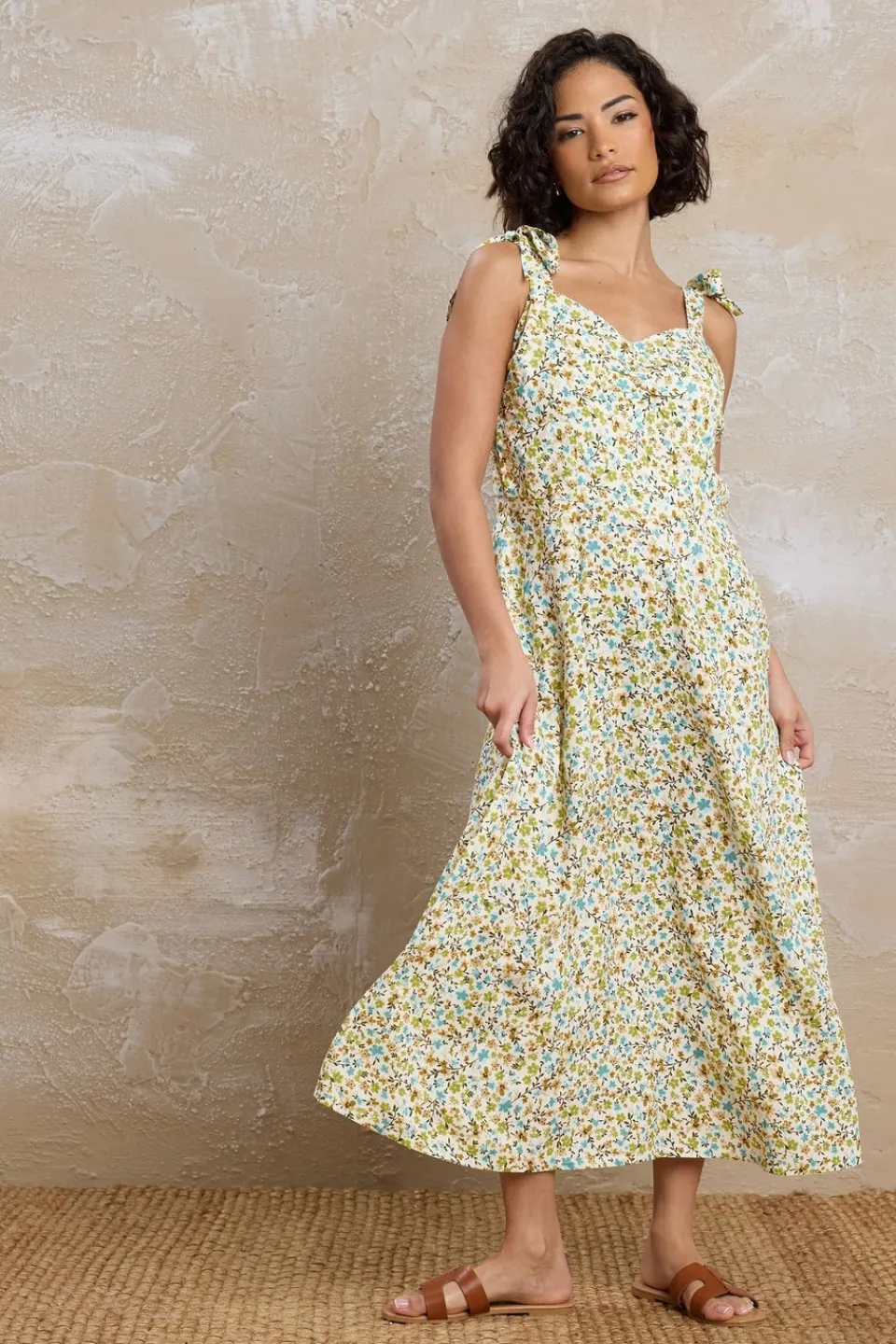 Dresses>PIXIEGIRL Petite Green Ditsy Floral Tie Shoulder Midi Dress