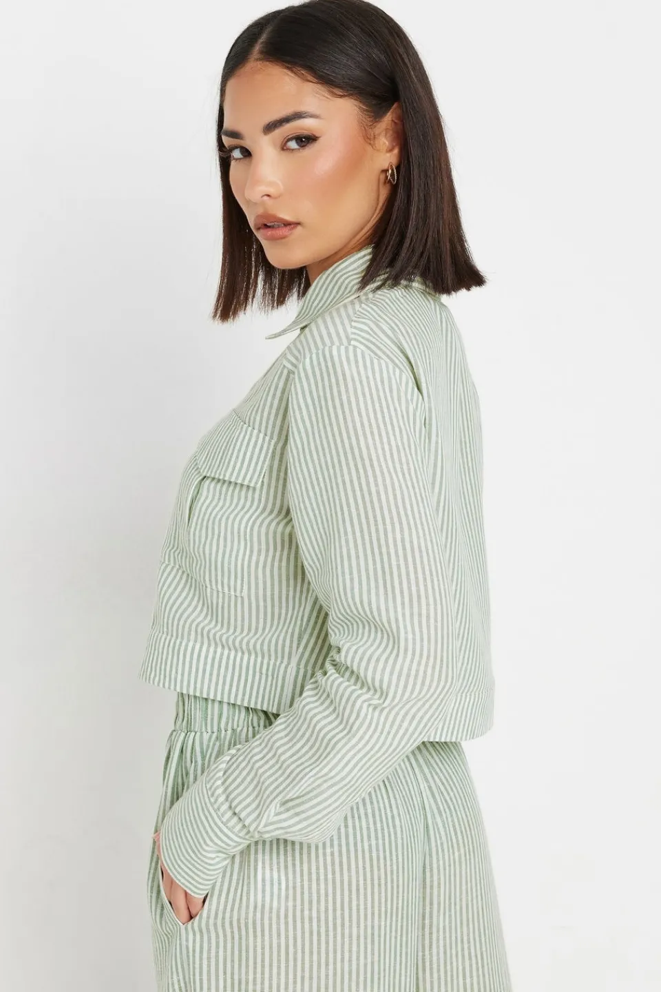 Tops>PIXIEGIRL Petite Green Linen Striped Pocket Shirt