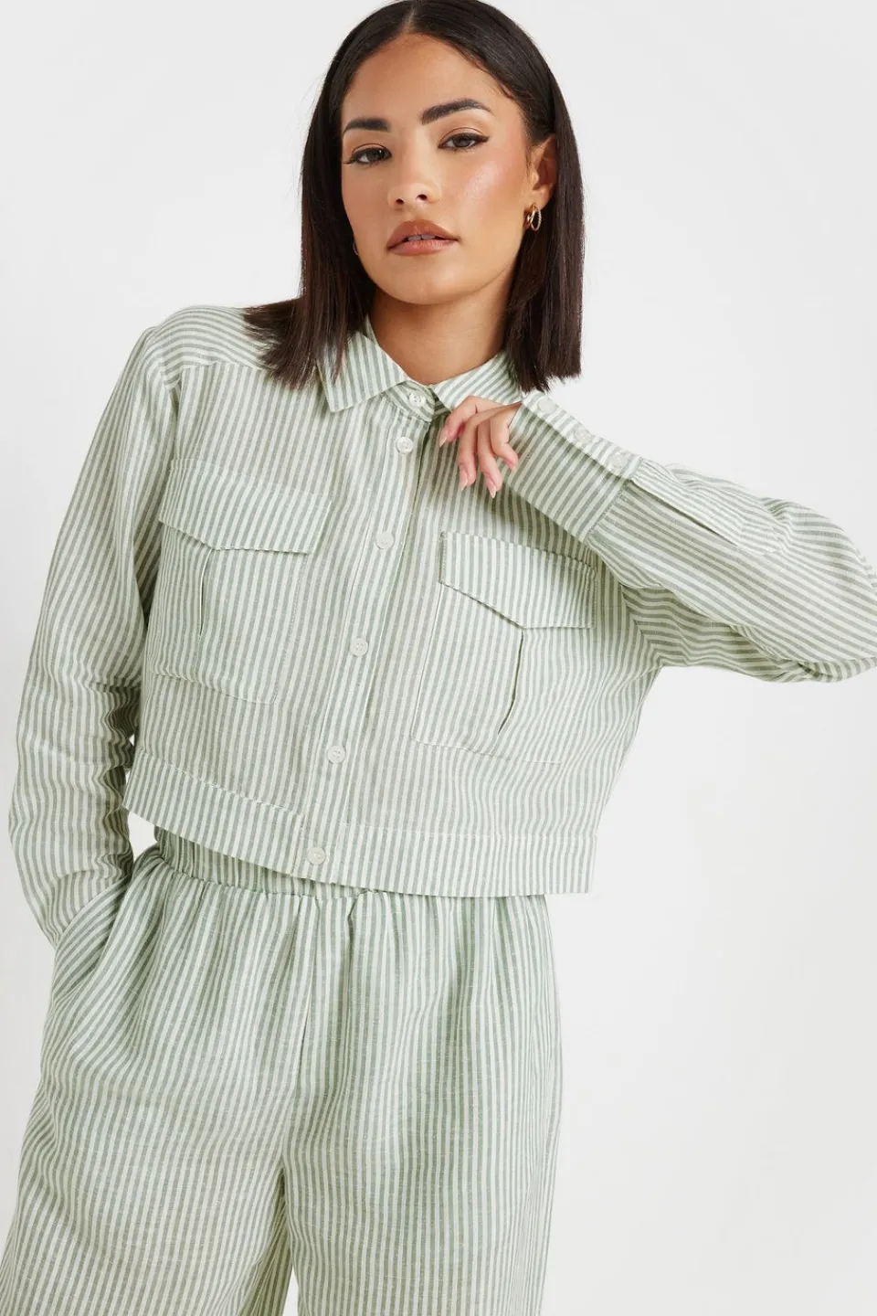Tops>PIXIEGIRL Petite Green Linen Striped Pocket Shirt