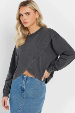 Loungewear>PIXIEGIRL Petite Grey Acid Wash Cross Over Sweatshirt