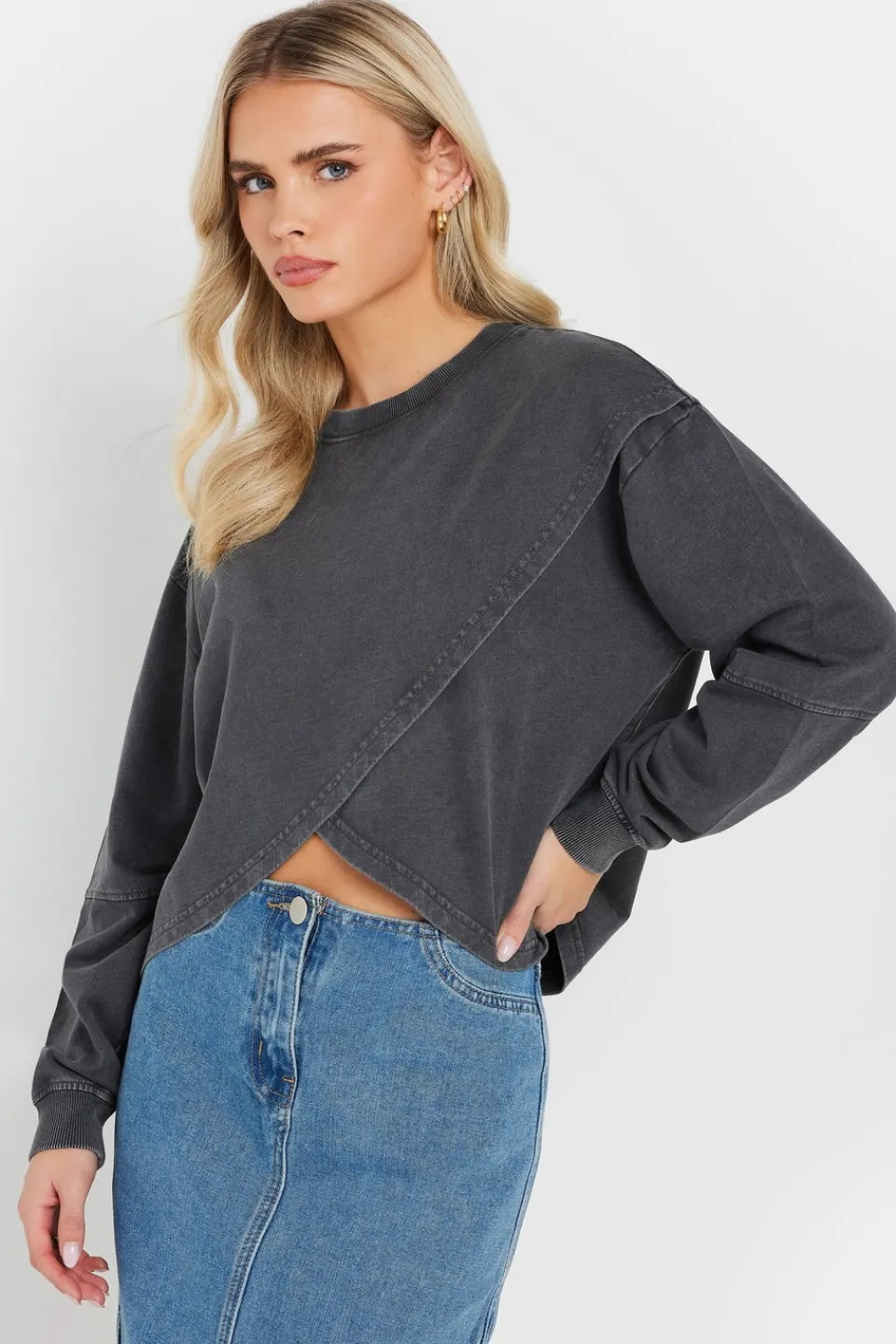 Loungewear>PIXIEGIRL Petite Grey Acid Wash Cross Over Sweatshirt