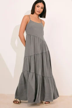 Dresses>PIXIEGIRL Petite Grey Acid Wash Asymmetric Tiered Maxi Dress