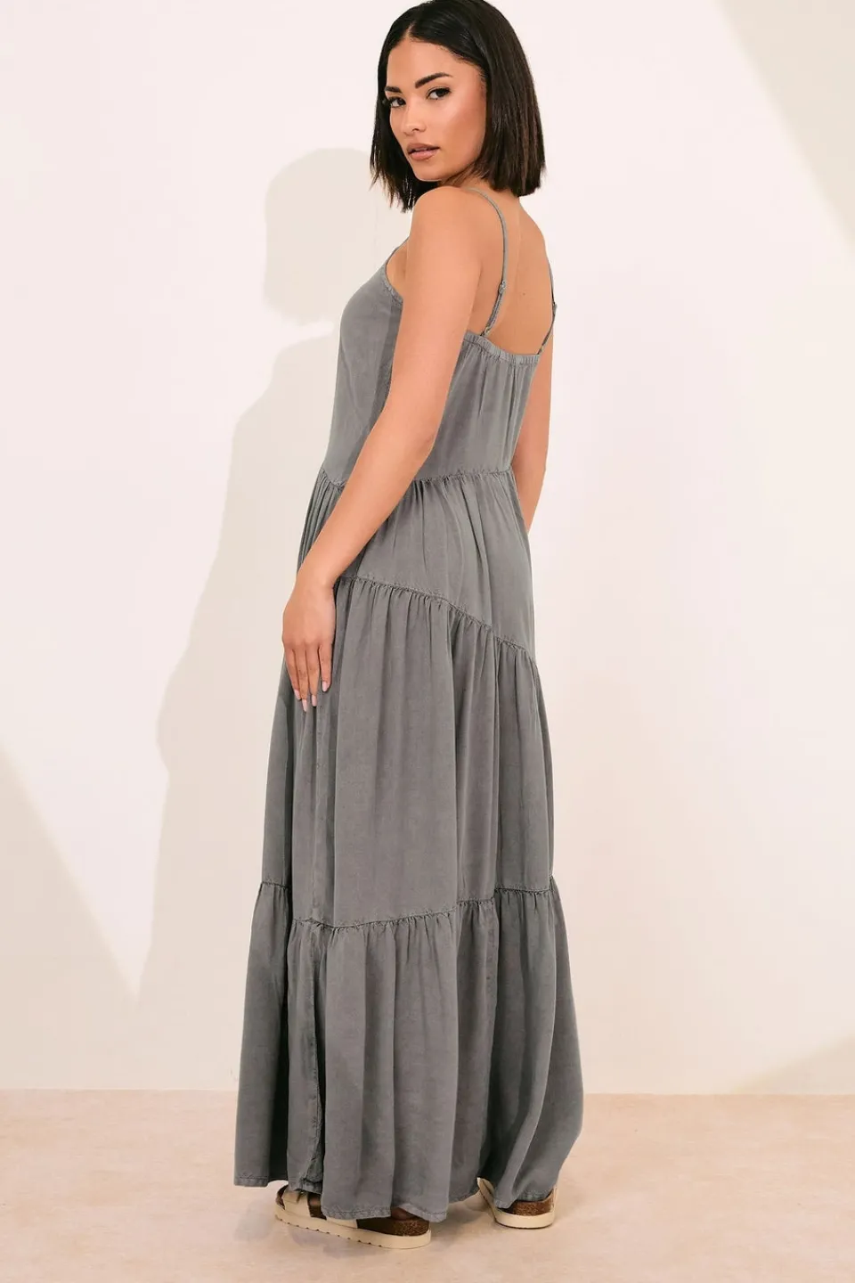 Dresses>PIXIEGIRL Petite Grey Acid Wash Asymmetric Tiered Maxi Dress
