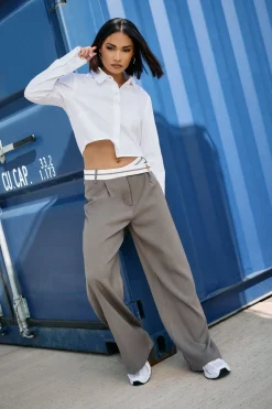 Trousers>PIXIEGIRL Petite Grey Cross Over Contrast Waistband Trousers