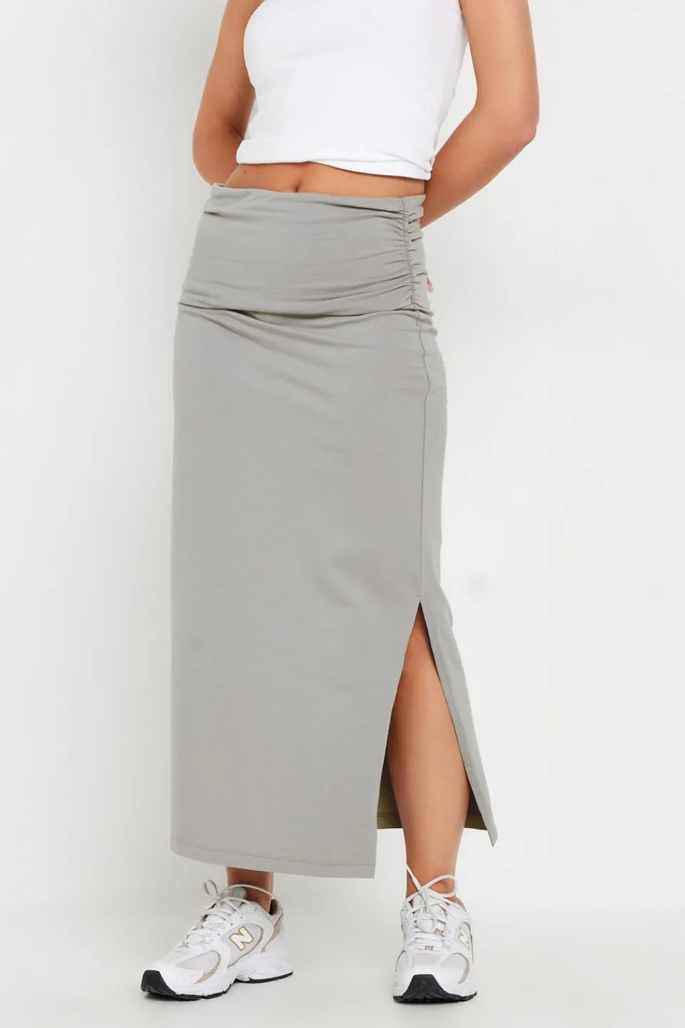 Skirts>PIXIEGIRL Petite Grey Fold Over Maxi Skirt