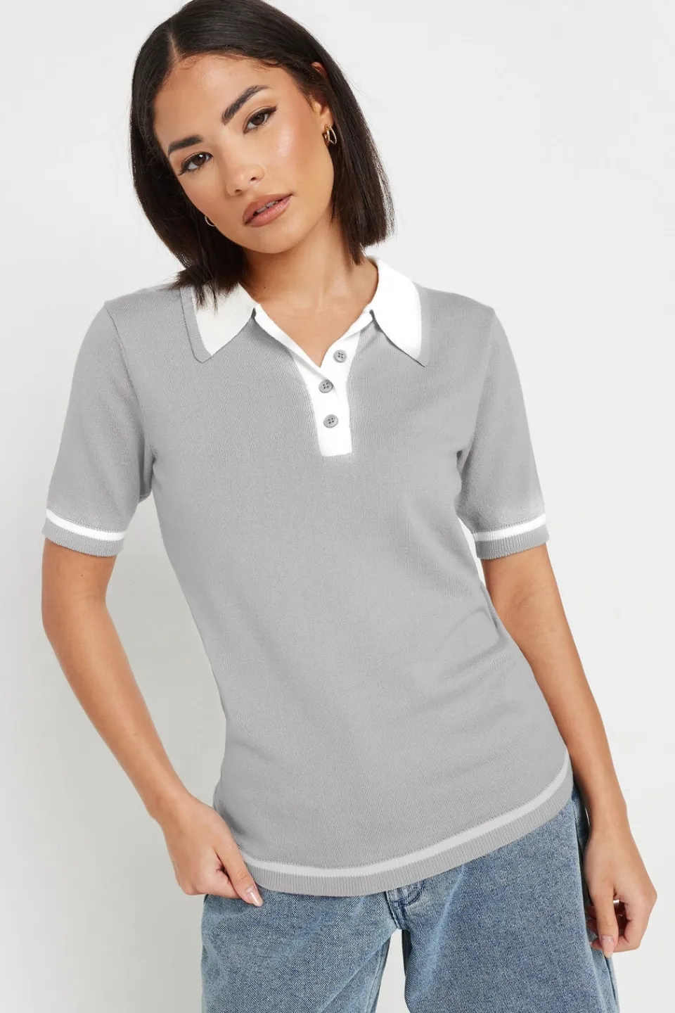 Tops>PIXIEGIRL Petite Grey Knit Contrast Polo Shirt