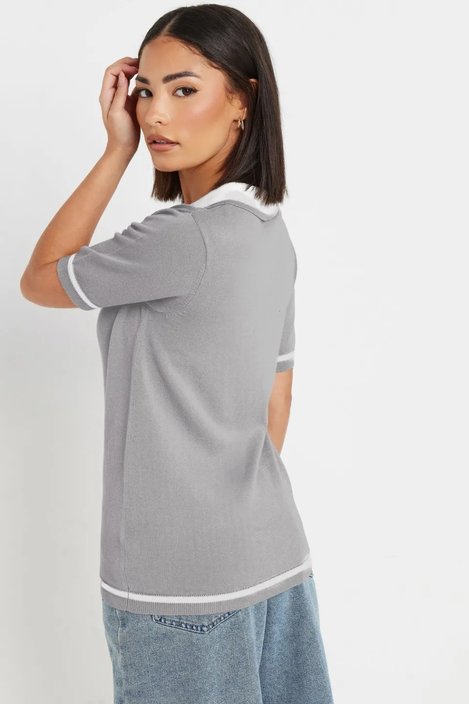 Tops>PIXIEGIRL Petite Grey Knit Contrast Polo Shirt