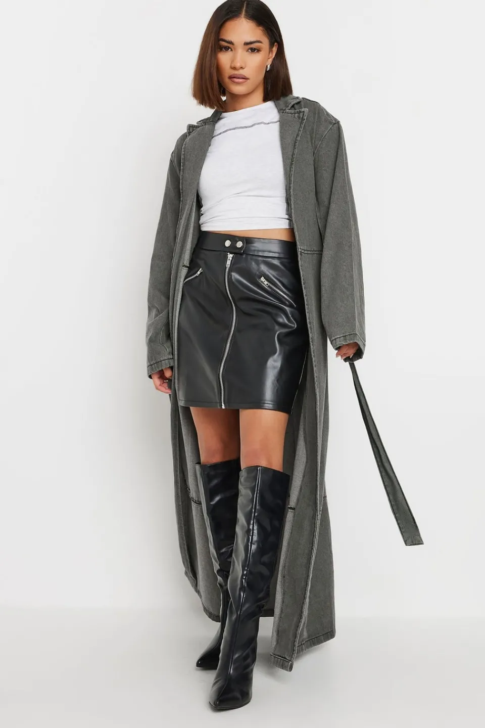 Coats & Jackets>PIXIEGIRL Petite Grey Wash Denim Longline Trench Coat