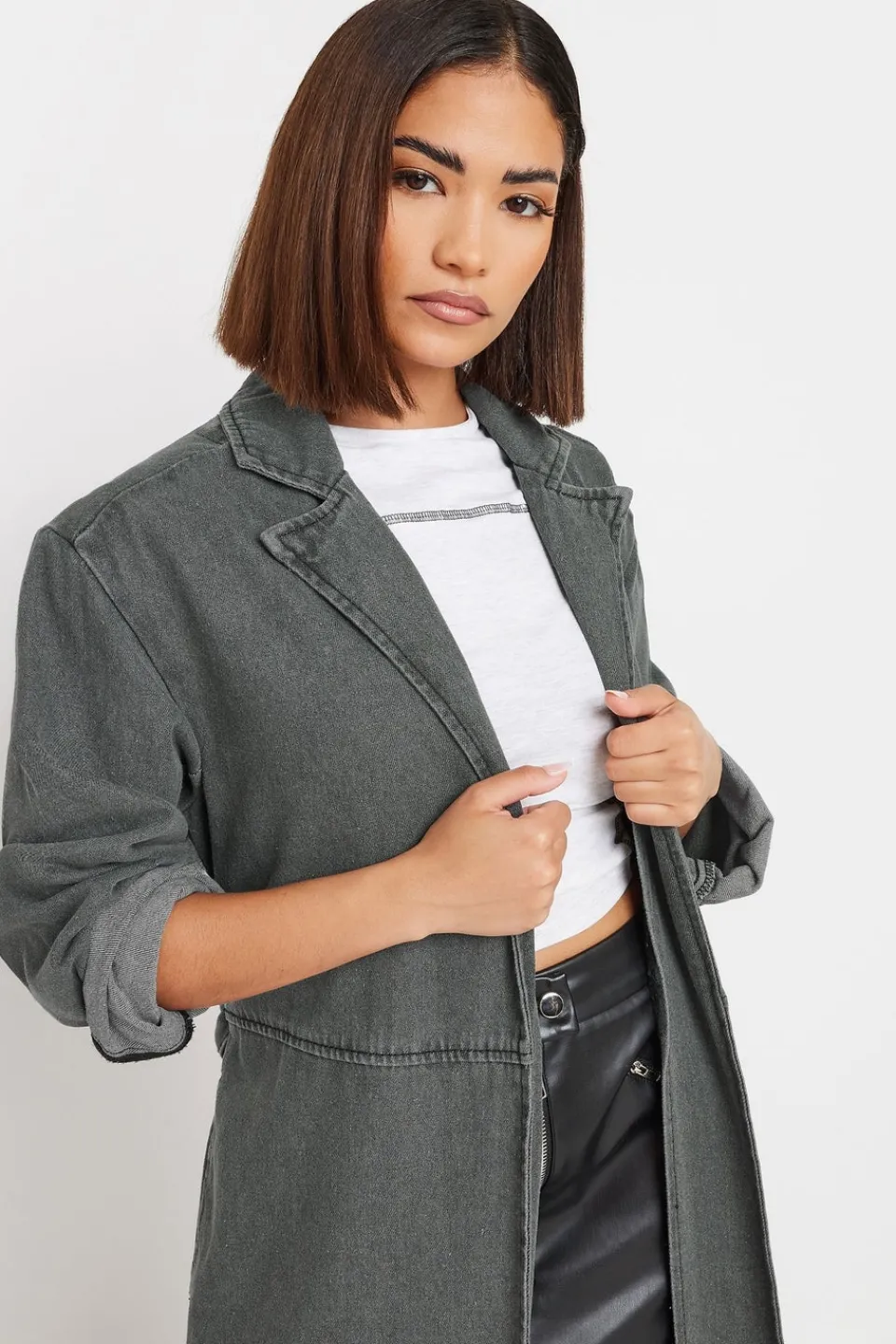Coats & Jackets>PIXIEGIRL Petite Grey Wash Denim Longline Trench Coat