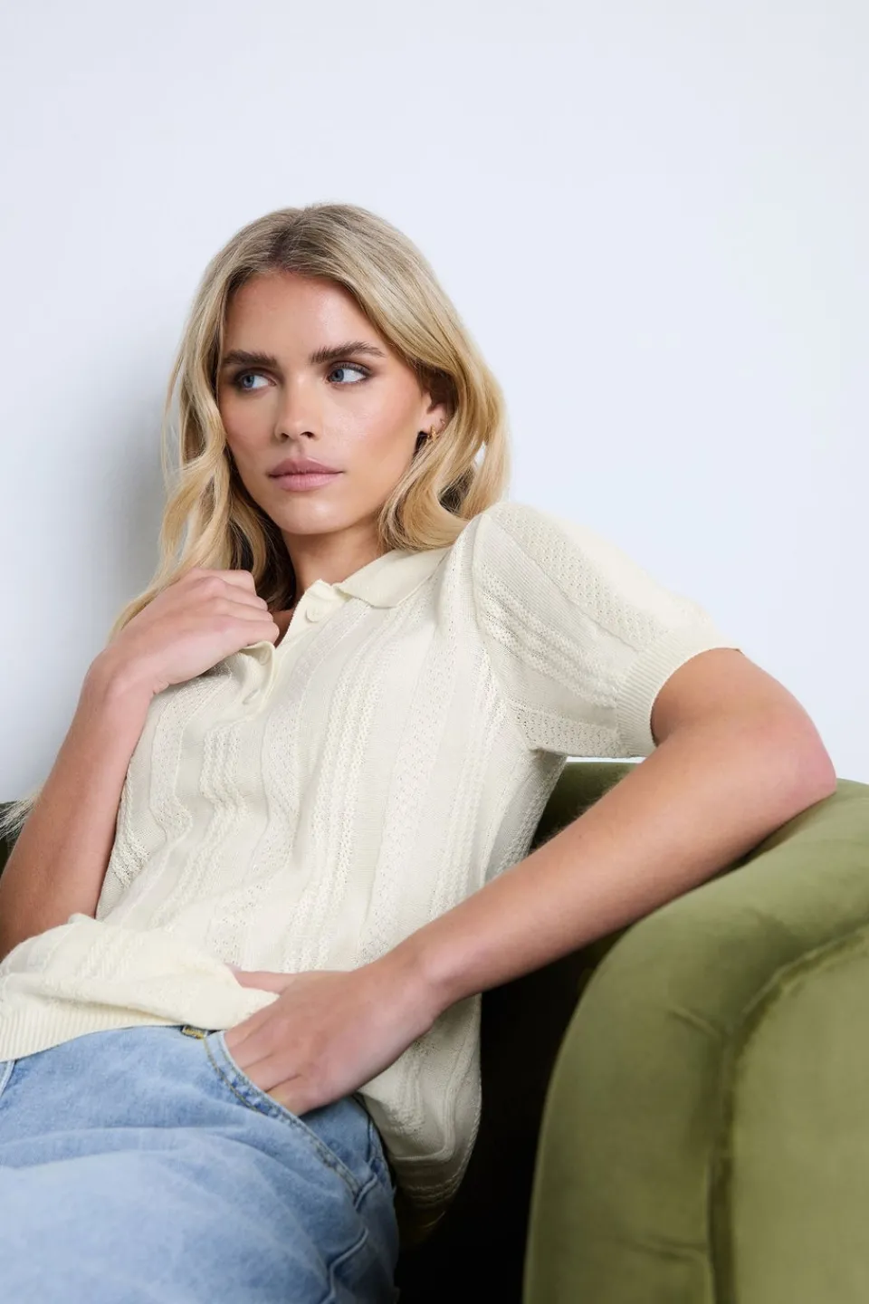 Blouses & Shirts>PIXIEGIRL Petite Ivory White Pointelle Knit Polo Top