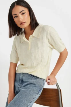 Blouses & Shirts>PIXIEGIRL Petite Ivory White Pointelle Knit Polo Top