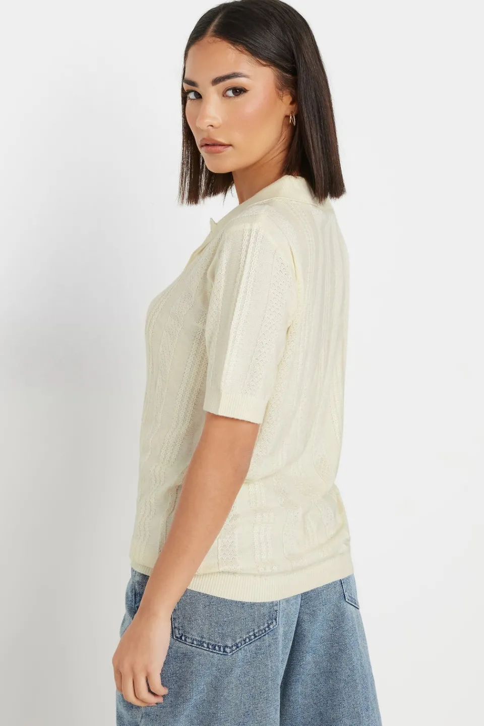 Blouses & Shirts>PIXIEGIRL Petite Ivory White Pointelle Knit Polo Top