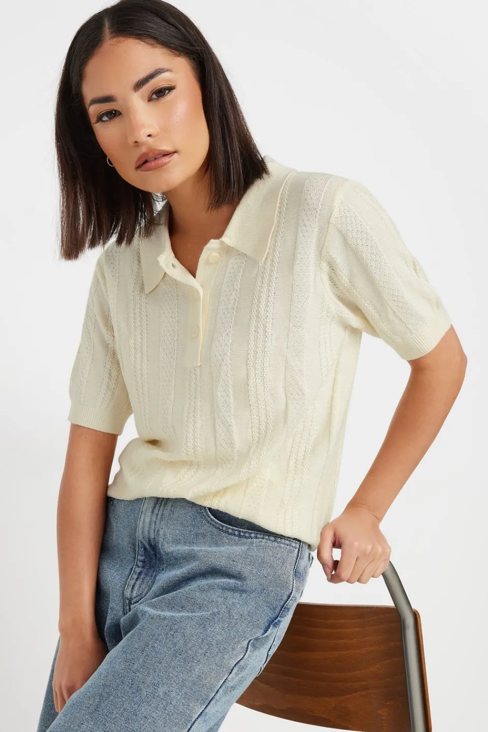 Blouses & Shirts>PIXIEGIRL Petite Ivory White Pointelle Knit Polo Top