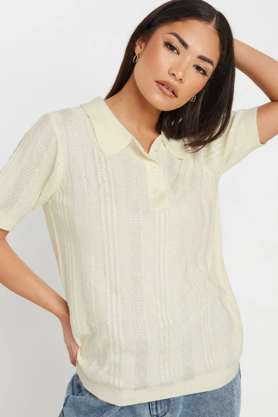 Blouses & Shirts>PIXIEGIRL Petite Ivory White Pointelle Knit Polo Top