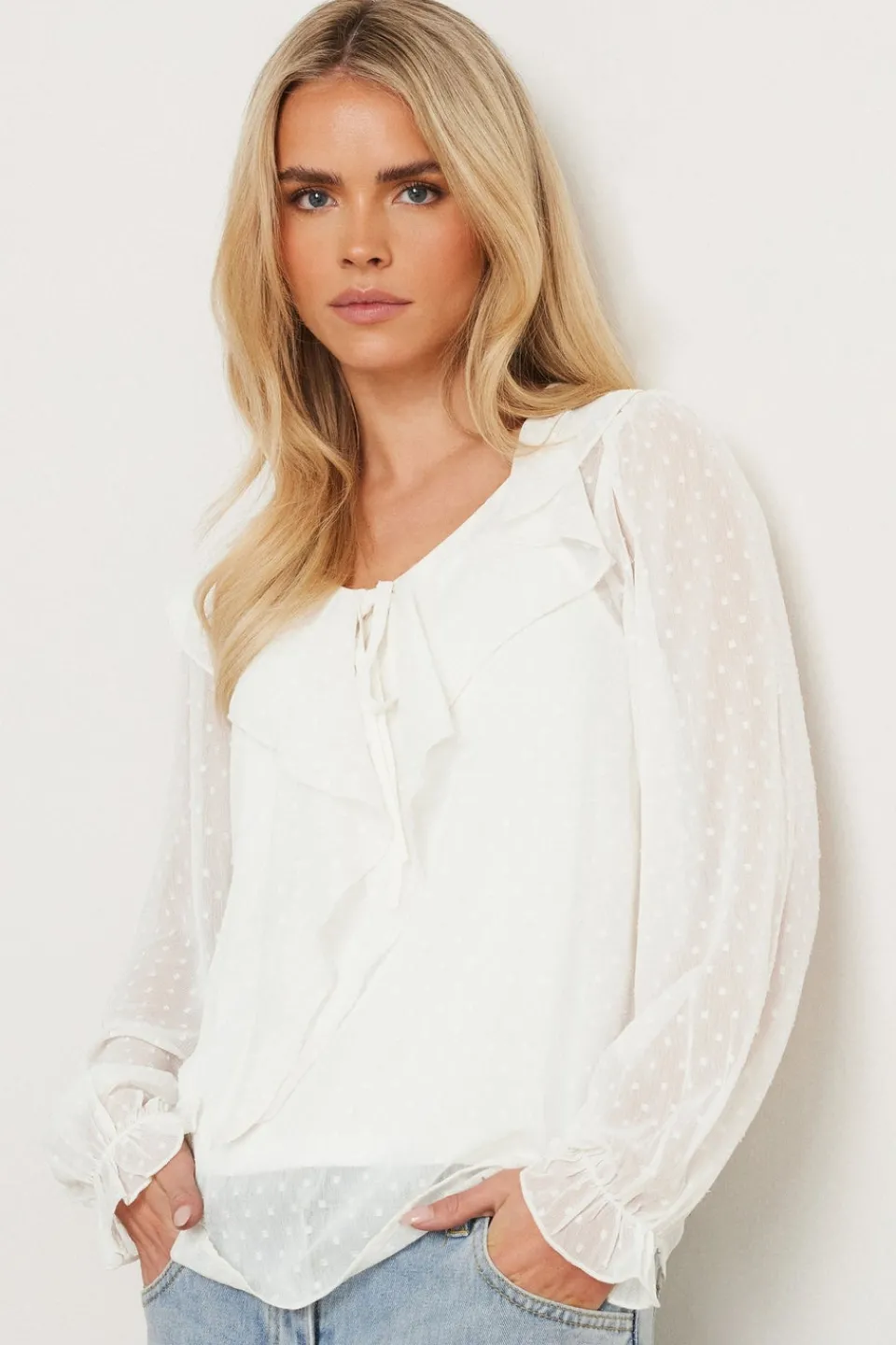 Tops>PIXIEGIRL Petite Ivory White Dobby Frill Blouse