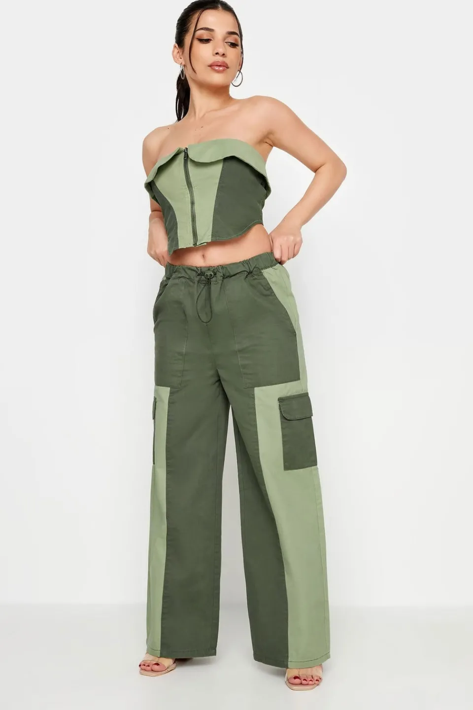Trousers>PIXIEGIRL Petite Khaki Green Colourblock Cargo Trousers