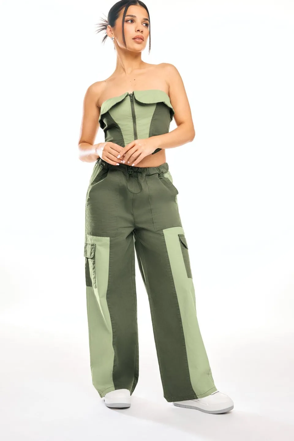 Trousers>PIXIEGIRL Petite Khaki Green Colourblock Cargo Trousers