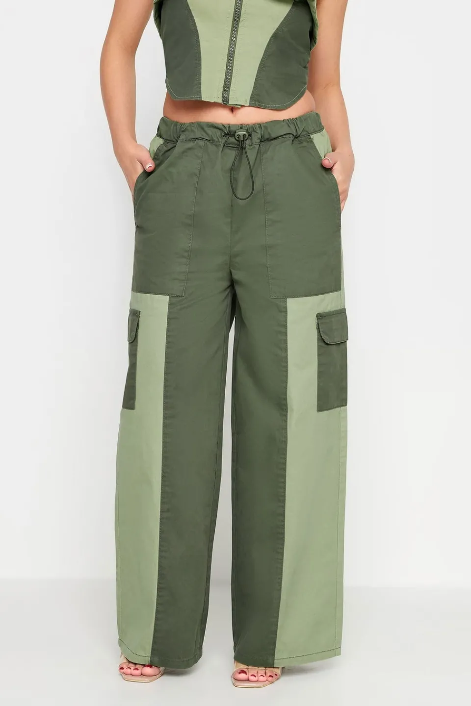 Trousers>PIXIEGIRL Petite Khaki Green Colourblock Cargo Trousers