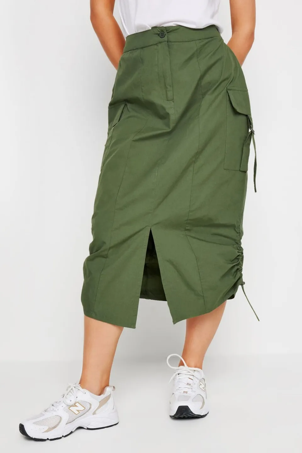Skirts>PIXIEGIRL Petite Khaki Green Cargo Ruched Midi Skirt