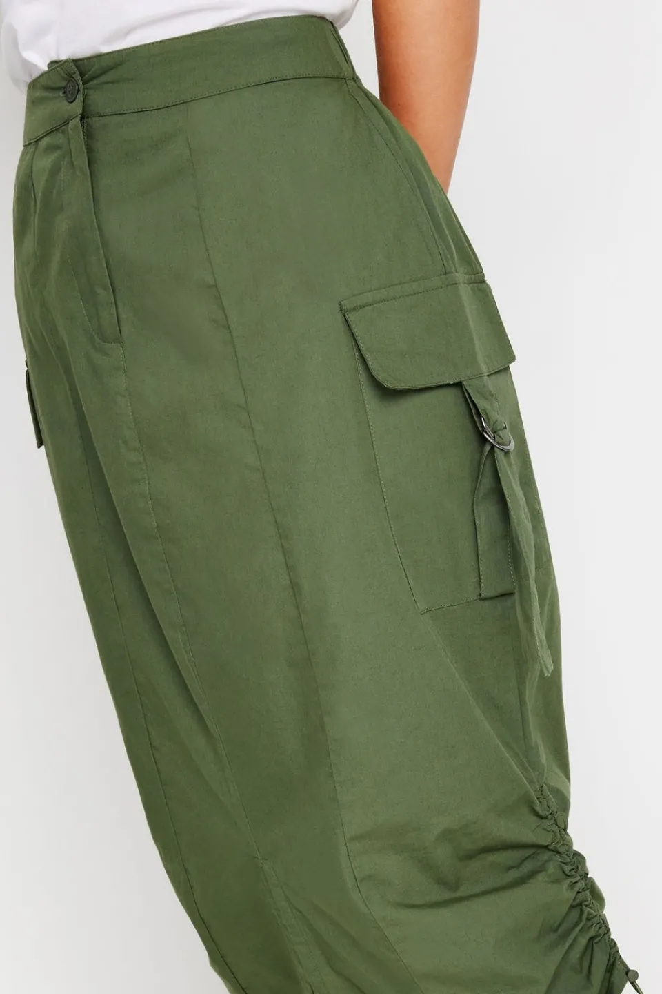 Skirts>PIXIEGIRL Petite Khaki Green Cargo Ruched Midi Skirt