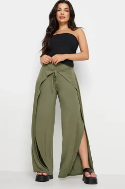 Trousers>PIXIEGIRL Petite Khaki Green Wide Leg Wrap Trousers