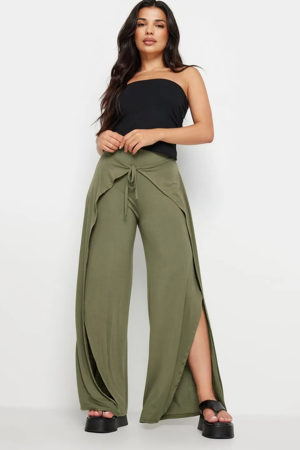 Trousers>PIXIEGIRL Petite Khaki Green Wide Leg Wrap Trousers