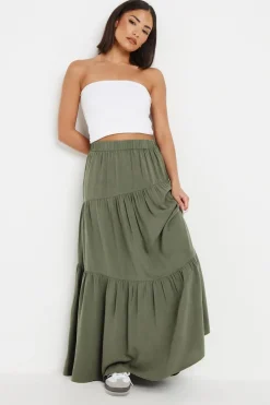 Skirts>PIXIEGIRL Petite Khaki Green Asymmetric Tiered Maxi Skirt